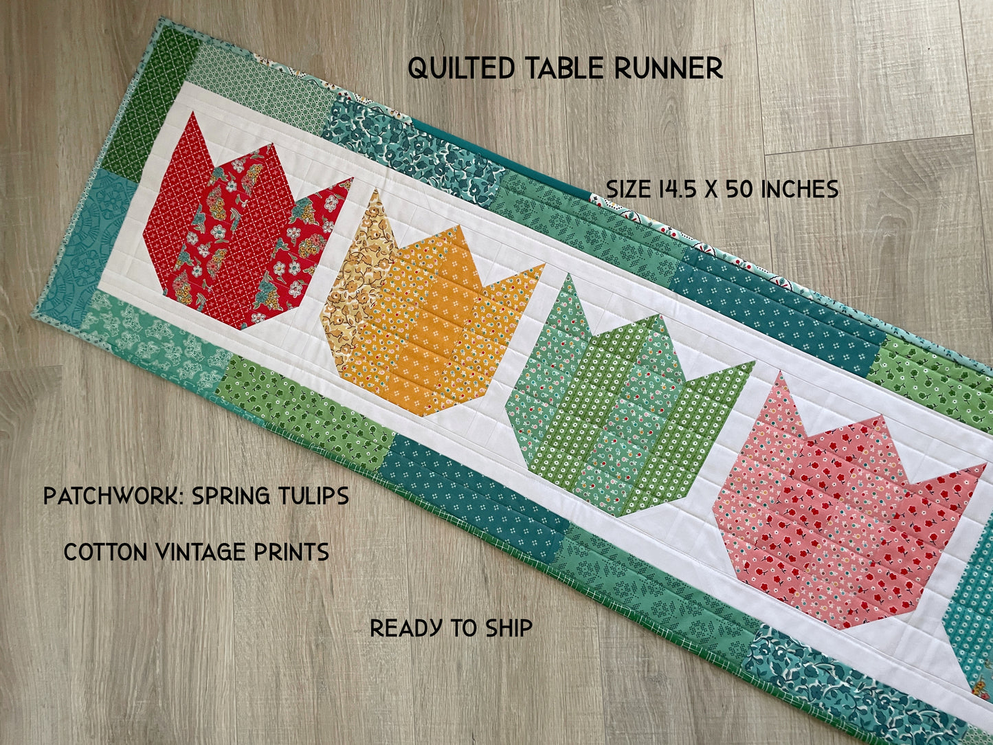 Quilted Spring Tulip Table Runner, Handmade Table Decor, Vintage Prints