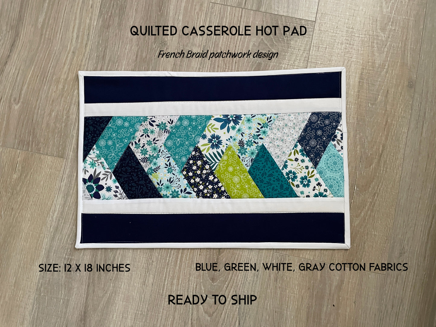 Quilted Table Runner – Blue & Green Wildflower Braid Pattern
