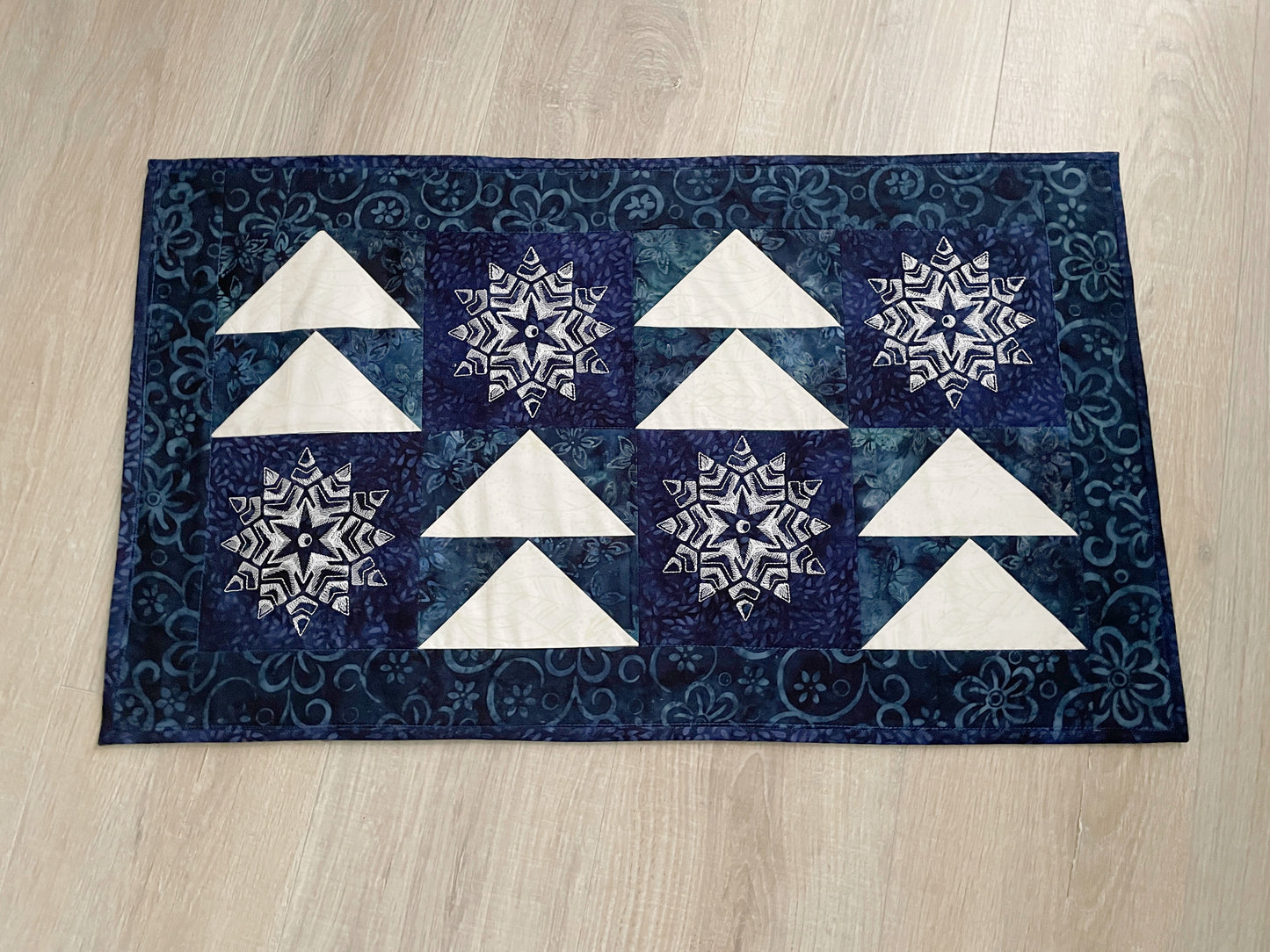 Winter Quilted Table Runner, Snowflake Centerpiece Runner, Blue and White Table Decor
