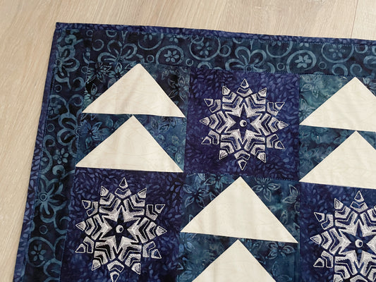 Winter Quilted Table Runner, Snowflake Centerpiece Runner, Blue and White Table Decor
