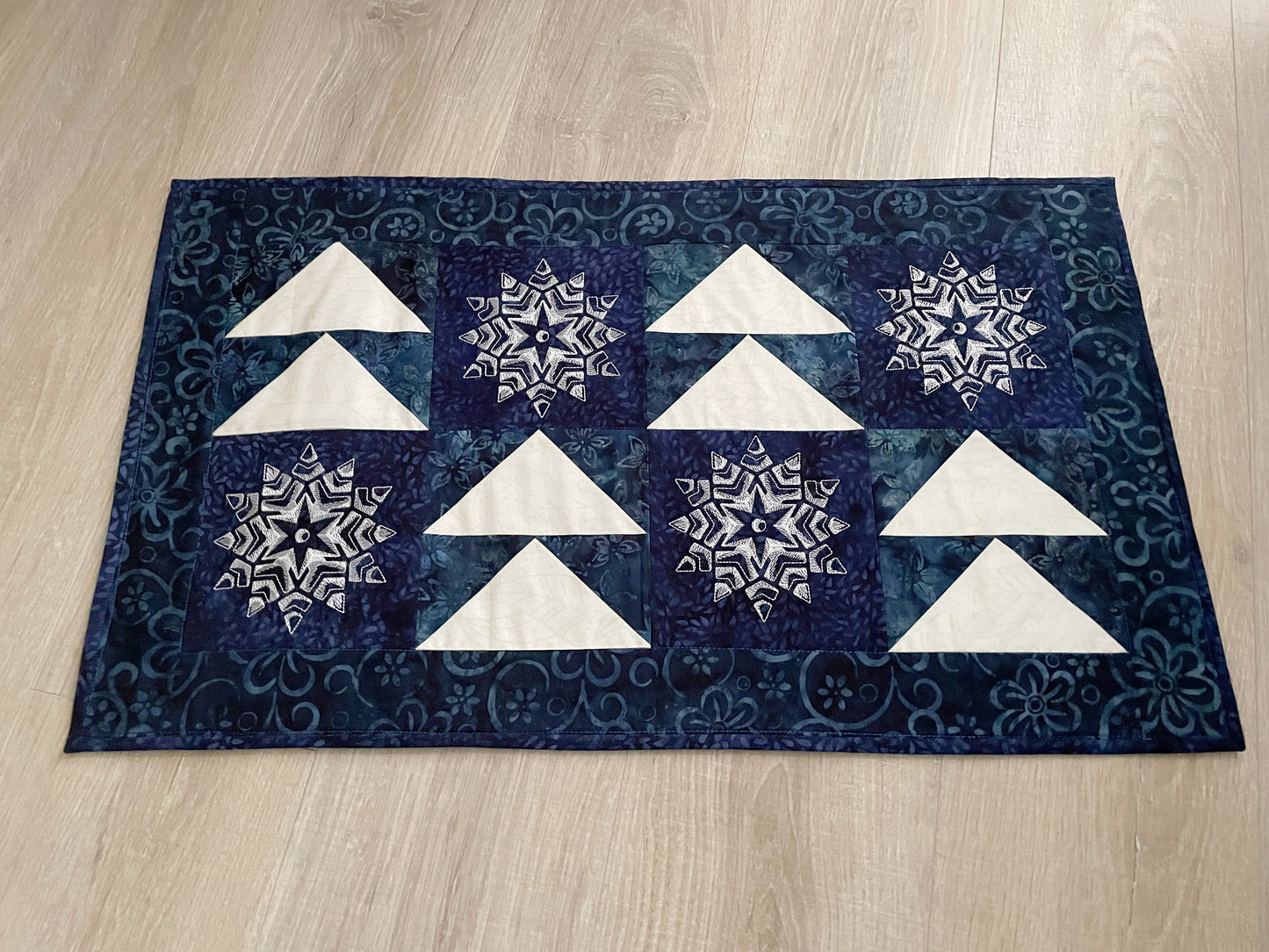 Winter Quilted Table Runner, Snowflake Centerpiece Runner, Blue and White Table Decor