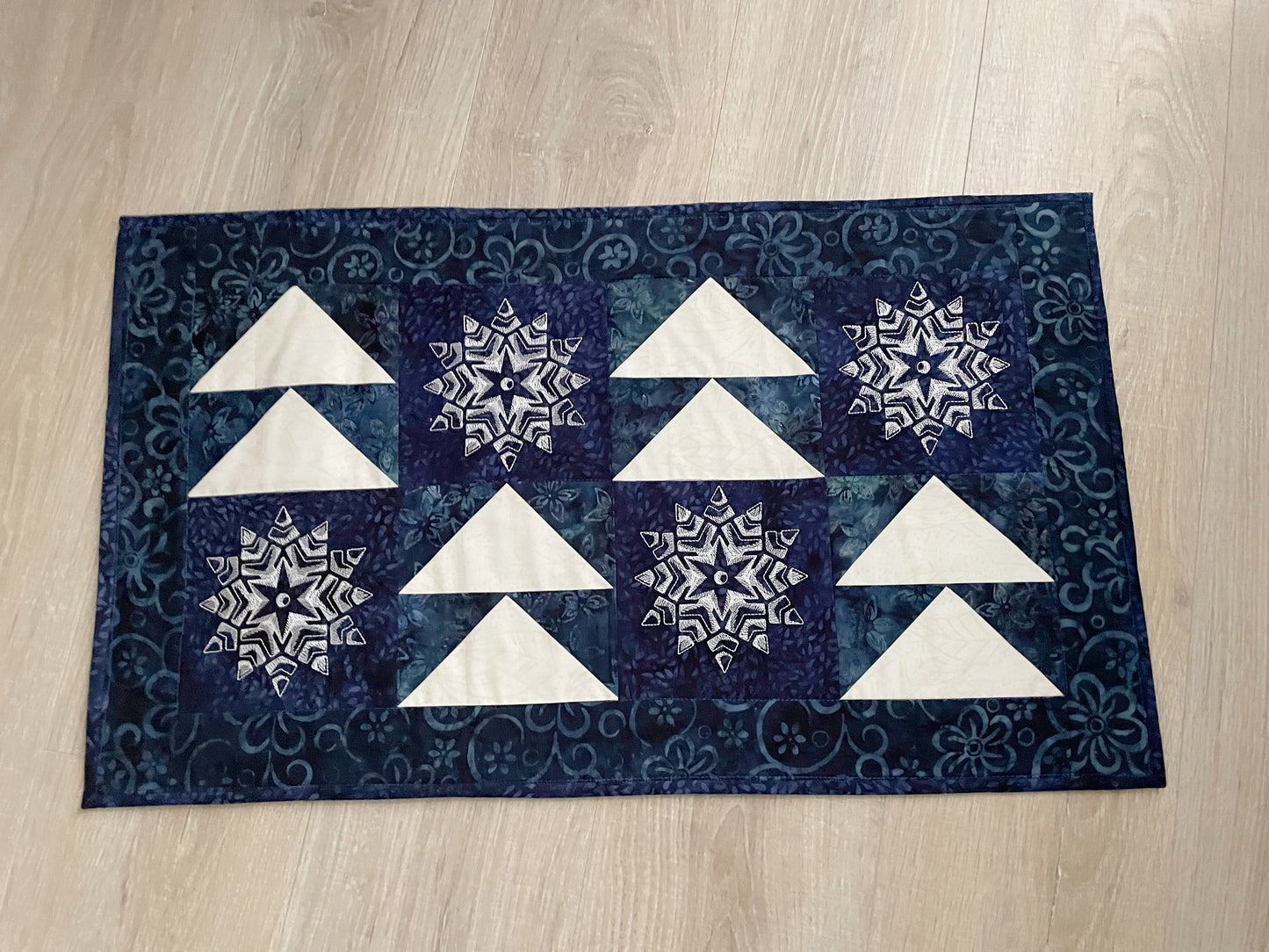 Winter Quilted Table Runner, Snowflake Centerpiece Runner, Blue and White Table Decor
