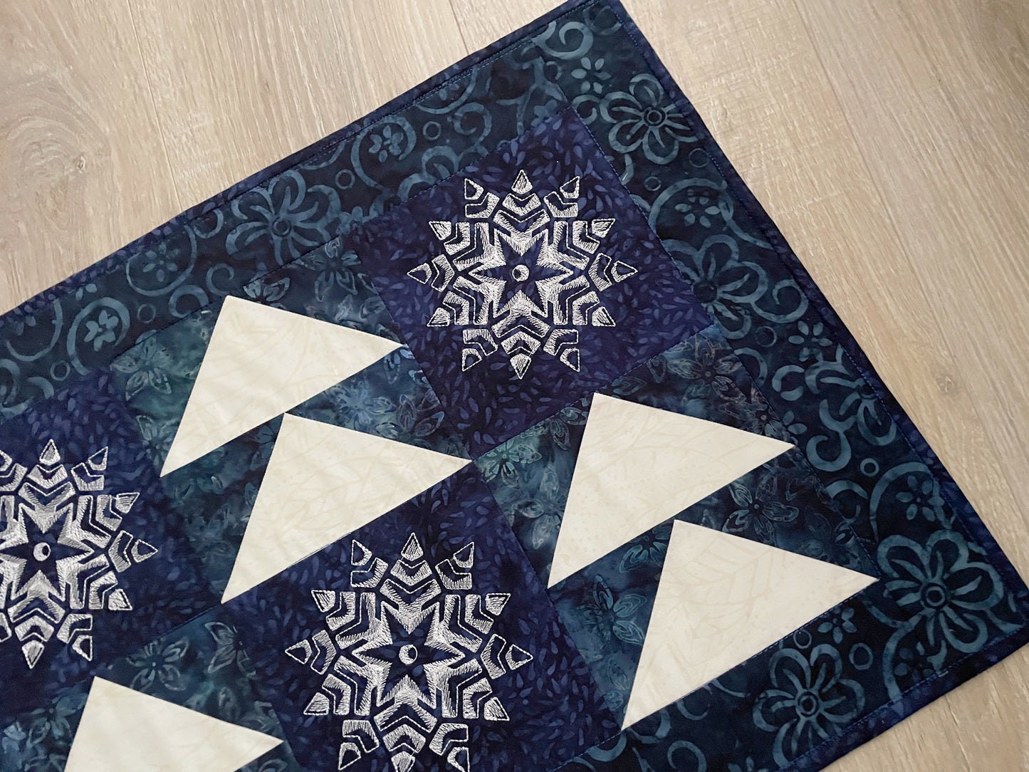 Winter Quilted Table Runner, Snowflake Centerpiece Runner, Blue and White Table Decor