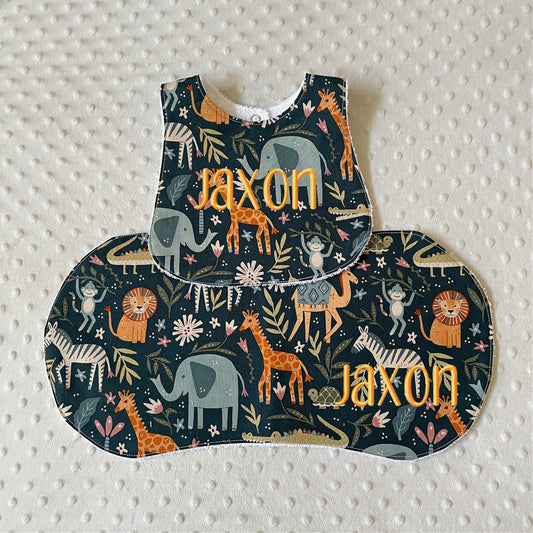 handmade personalized baby bib and burp cloth featuring jungle animals 