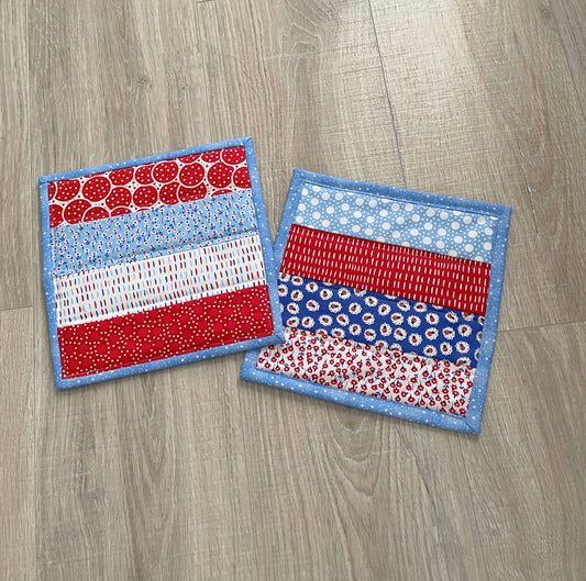 Set of 2 Large Handmade Patriotic Potholders, Quilted Hot Pads