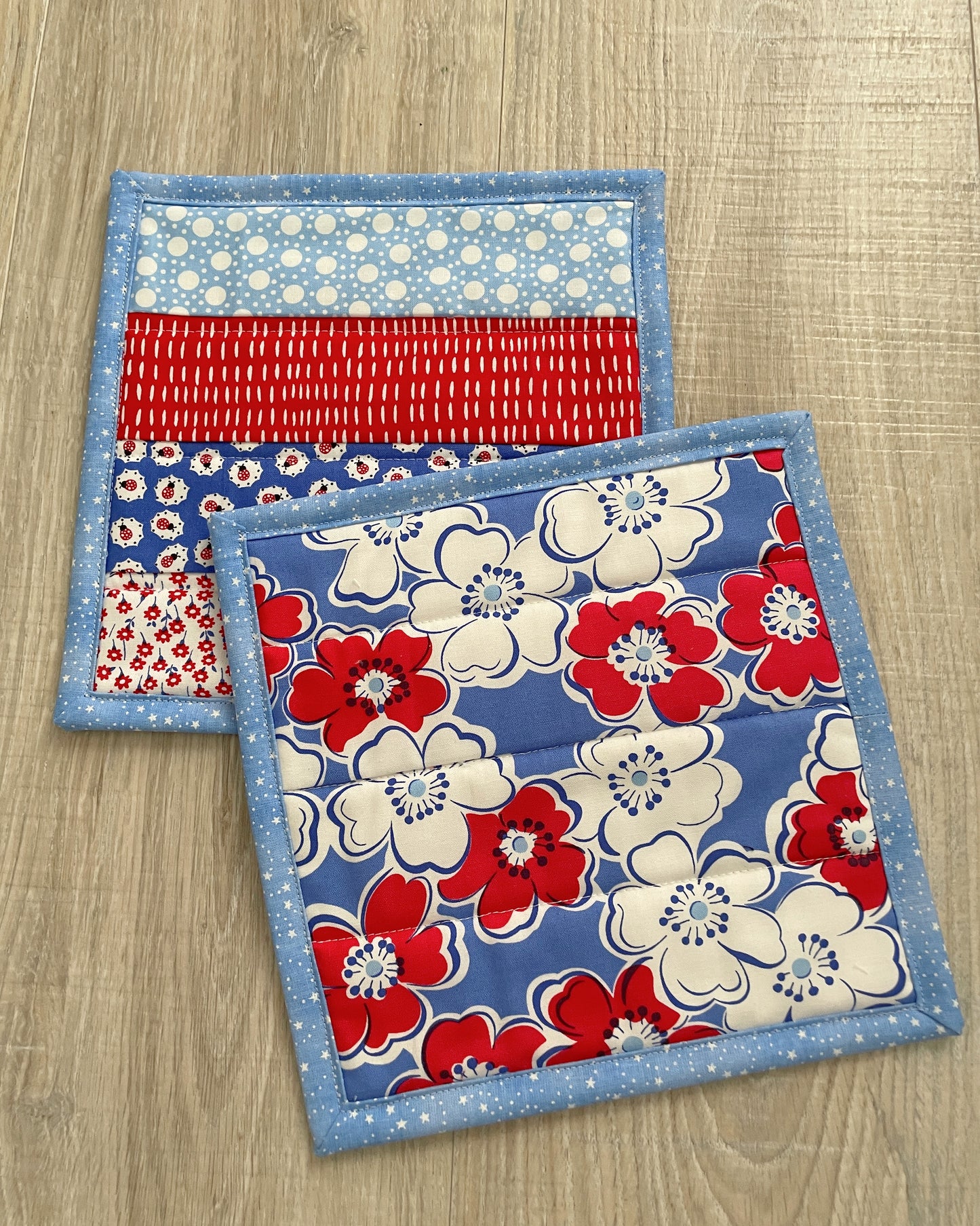 Patriotic Potholders, Quilted Pot Holder Set, Americana Decor, Handmade Hot Pads, Trivet, Mug Rugs or Candle Mat