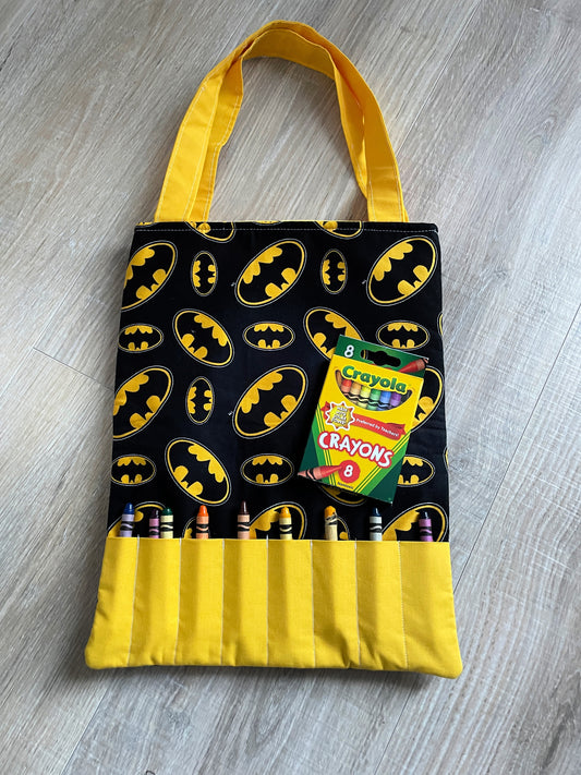 Batman themed activity tote bag for kids, comes with new box of 8 crayons.