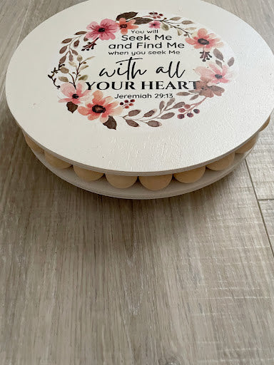 Round Wood Beaded Riser, Modern Wood Tray, Farmhouse Decor, Christian Decor Gift, Bible Verse Display Tray