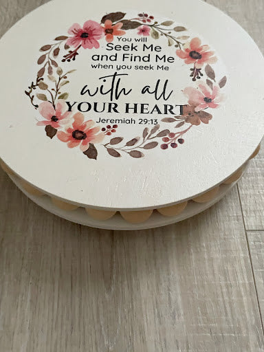 Round Wood Beaded Riser, Modern Wood Tray, Farmhouse Decor, Christian Decor Gift, Bible Verse Display Tray