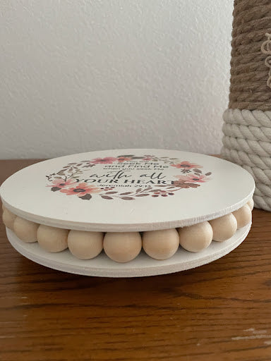 Round Wood Beaded Riser, Modern Wood Tray, Farmhouse Decor, Christian Decor Gift, Bible Verse Display Tray