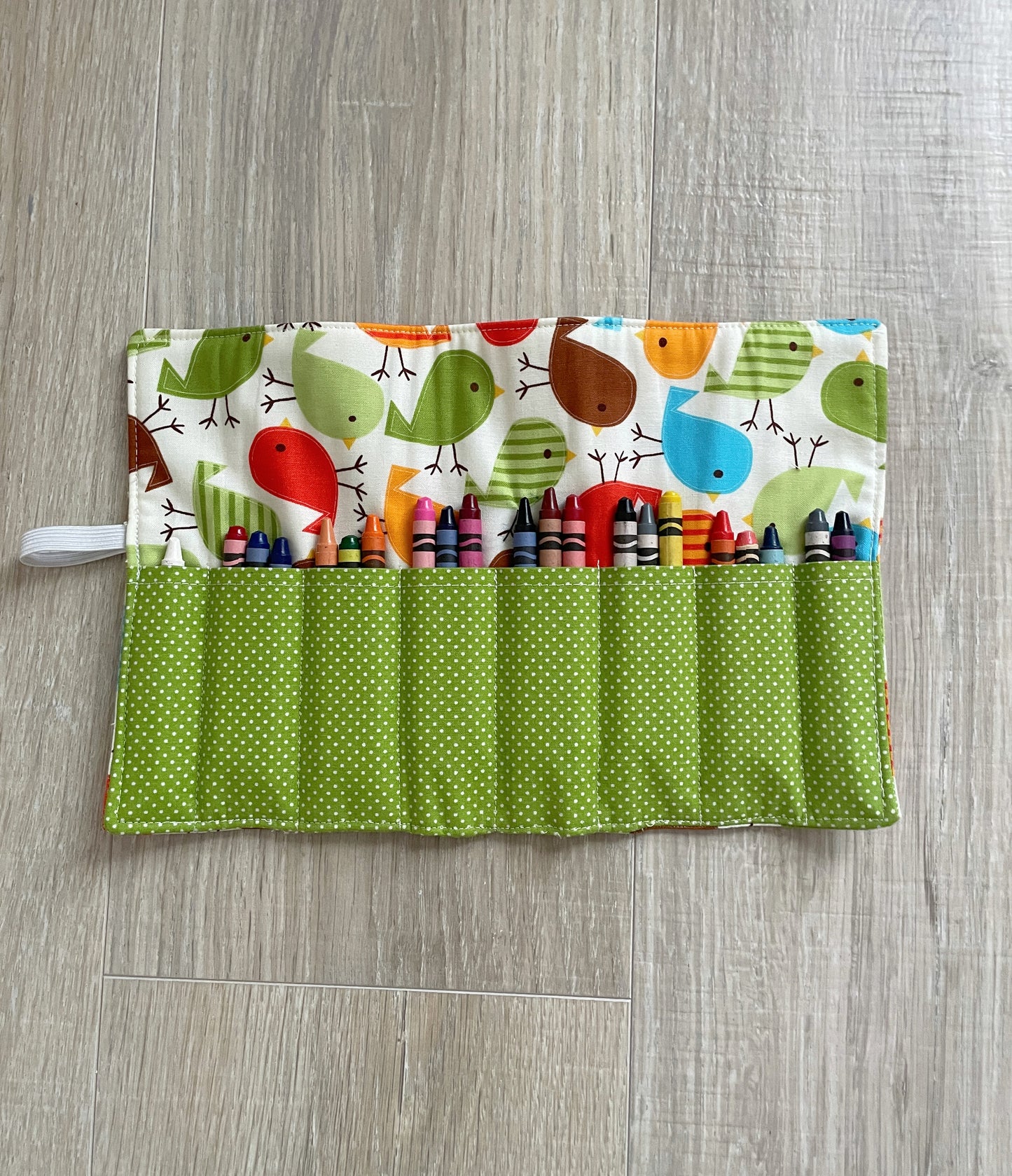 Handmade Crayon Roll Up featuring Colorful Birds with Included Crayons