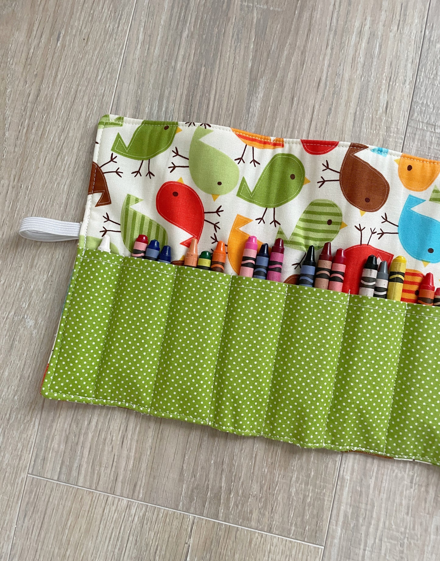 Handmade Crayon Roll Up featuring Colorful Birds with Included Crayons