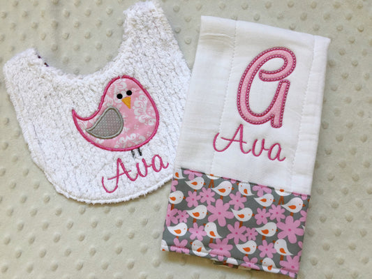 Personalized Pink Bird Baby Girl Gift Set | Custom Name