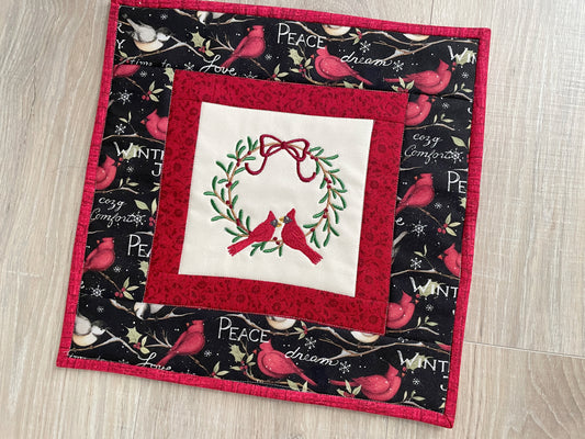 Quilted Christmas Mini Quilt, Cardinal Wall Hanging Holiday Decor