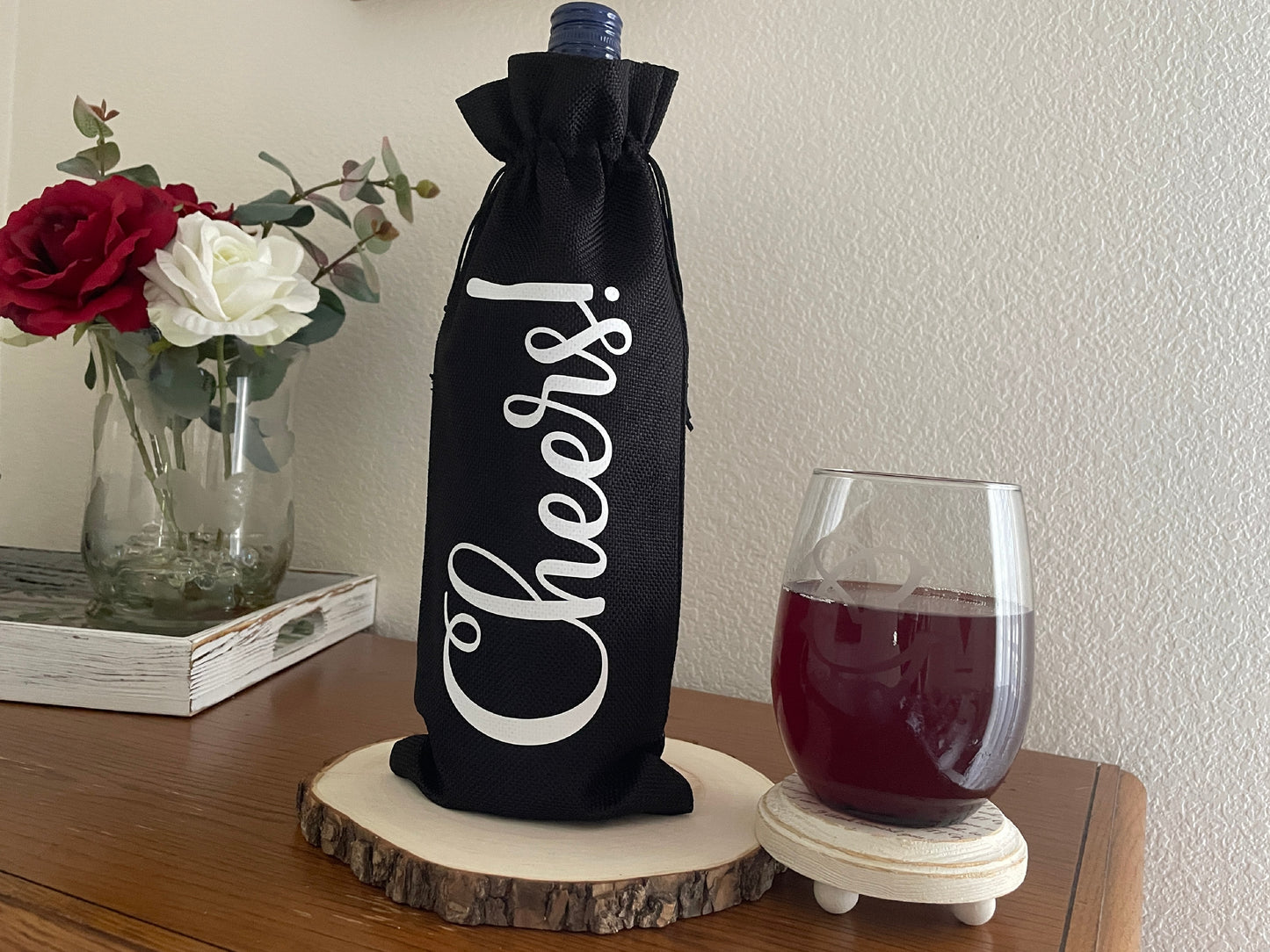 Cheers Burlap Wine Bag – Holiday Wine Gift – Choose Bag and Text Color