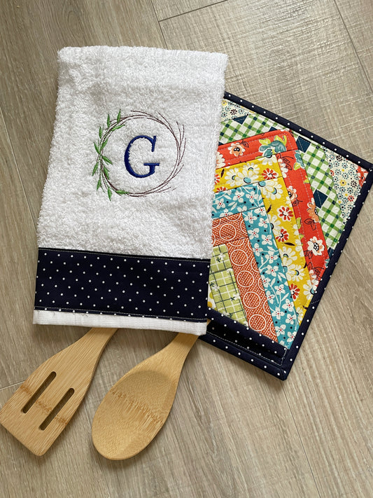 Personalized Wreath Kitchen Towel and Quilted Potholder Gift Set