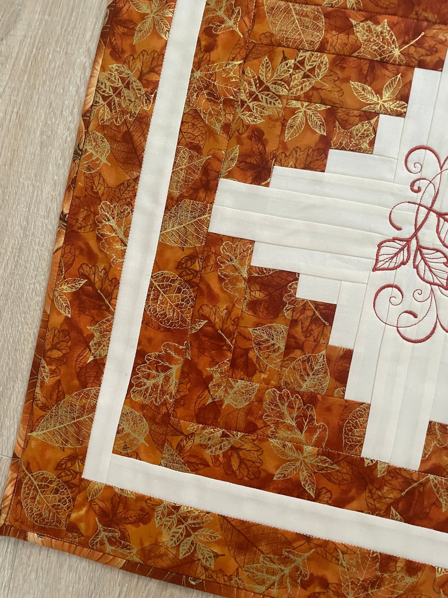 Quilted Fall Table Topper,  Rust and Cream Log Cabin Centerpiece