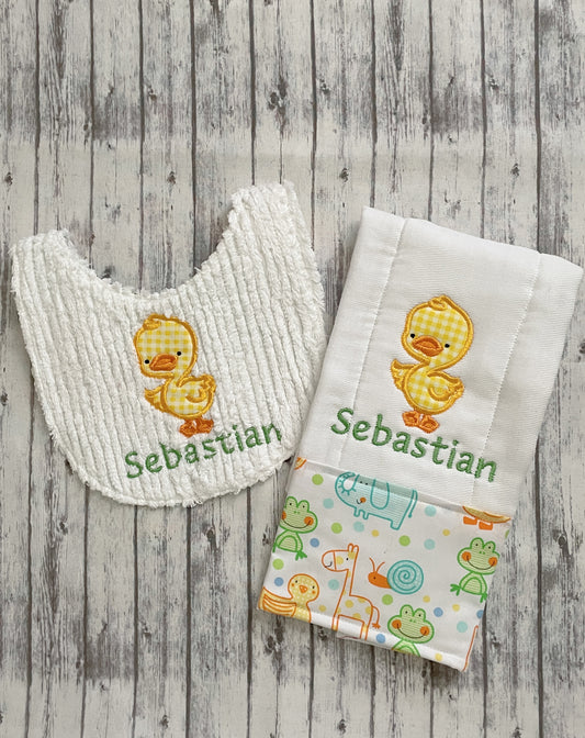 Adorable Yellow Duck Personalized Baby Bib and Burp Cloth Set - Thick White Chenille