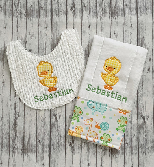 Adorable Yellow Duck Personalized Baby Bib and Burp Cloth Set - Thick White Chenille