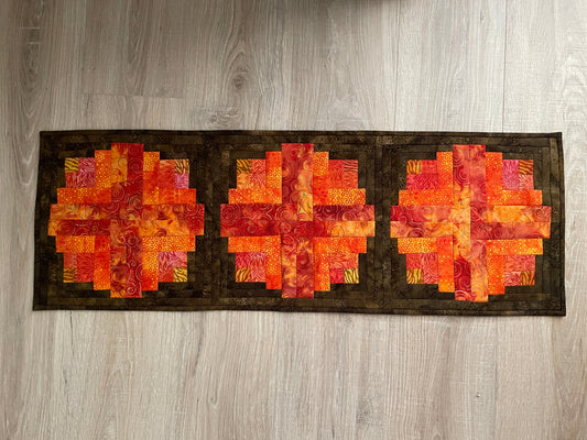 Log Cabin Fall Table Runner, 12 x 36 Quilted Autumn Decor in Brown and Orange, Farmhouse Table Decor
