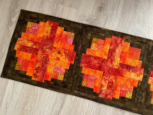 Log Cabin Fall Table Runner, 12 x 36 Quilted Autumn Decor in Brown and Orange, Farmhouse Table Decor