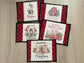 Five quilted Christmas mug rugs with farm‑themed holiday designs and red borders, available in multiple sizes.