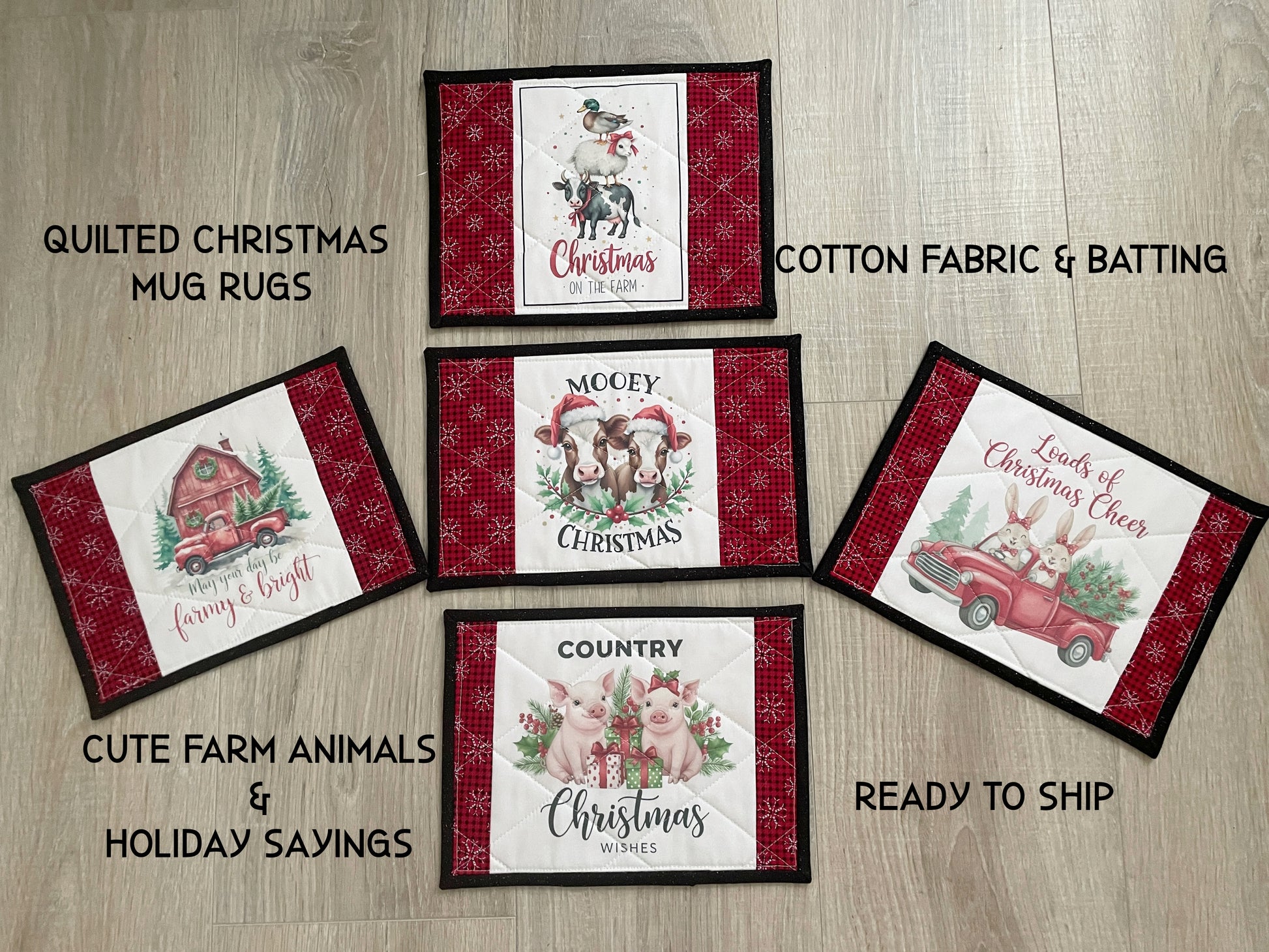 Five quilted Christmas mug rugs with farm‑themed holiday designs and red borders, available in multiple sizes.