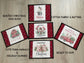 Five quilted Christmas mug rugs with farm‑themed holiday designs and red borders, available in multiple sizes.