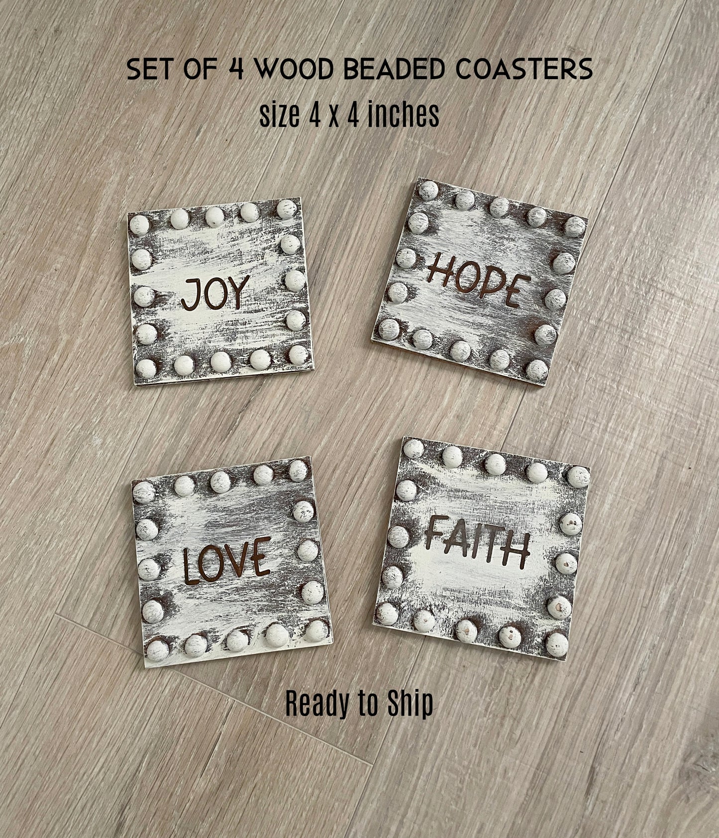 Farmhouse Coasters - Set of 4 Beaded Wooden Coasters