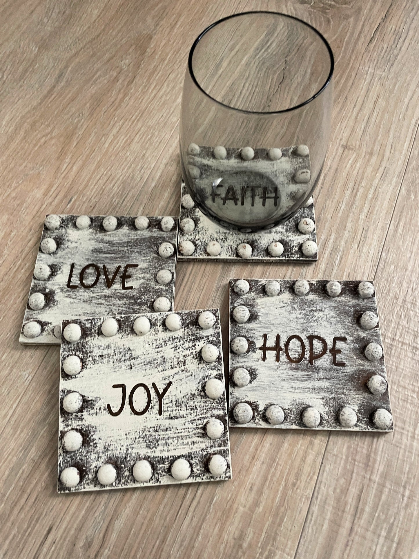 Farmhouse Coasters - Set of 4 Beaded Wooden Coasters