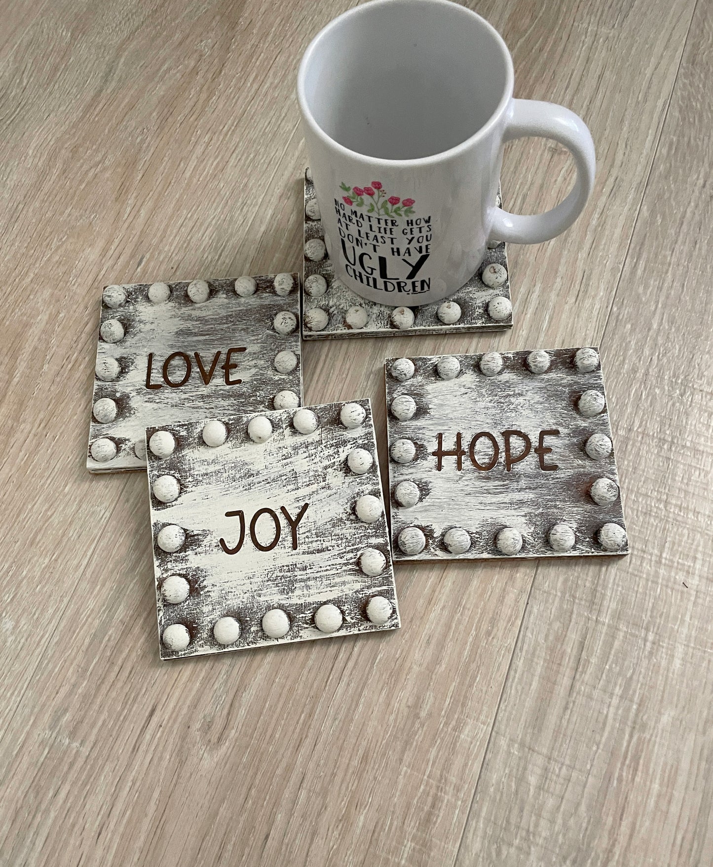 Farmhouse Coasters - Set of 4 Beaded Wooden Coasters