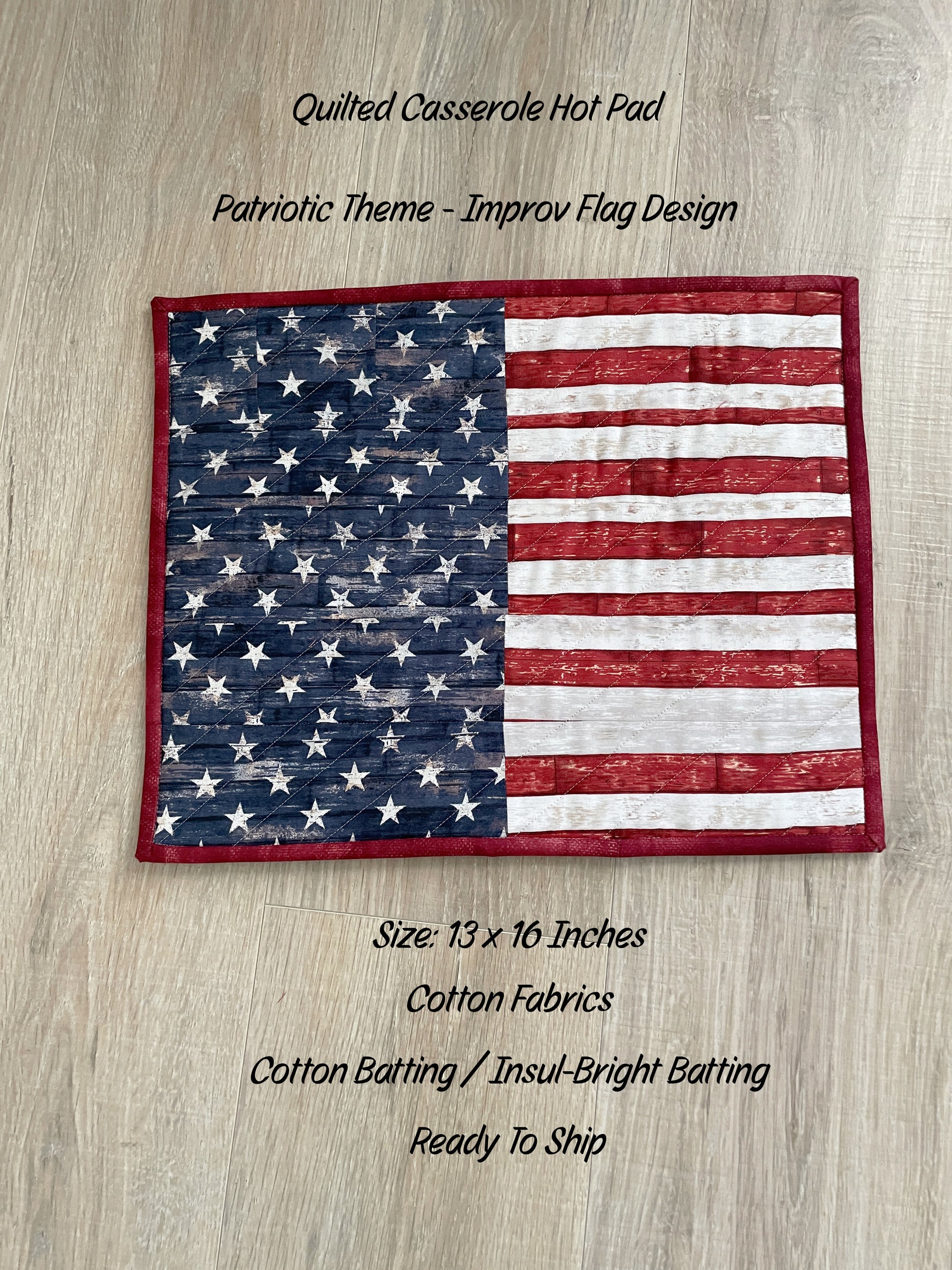 This lovely red, white, and blue quilted casserole hot pad makes your table beautiful! Measuring 13 x 16 inches, this handmade kitchen trivet features a scrappy improv patchwork resembling the American Flag, making it perfect for a 9 x 13 casserole dish or 2 smaller baking dishes.