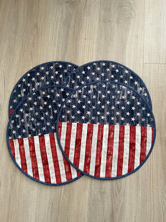 Time to celebrate America! Create a lovely table using these beautiful red, white, and blue round set of 4 rustic flag placemats, measuring 15 inches in diameter.