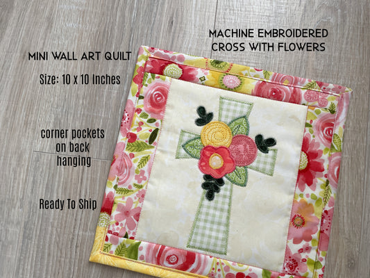 Christian Cross Quilted Small Wall Art, Faith-Based Spring Mini Quilt