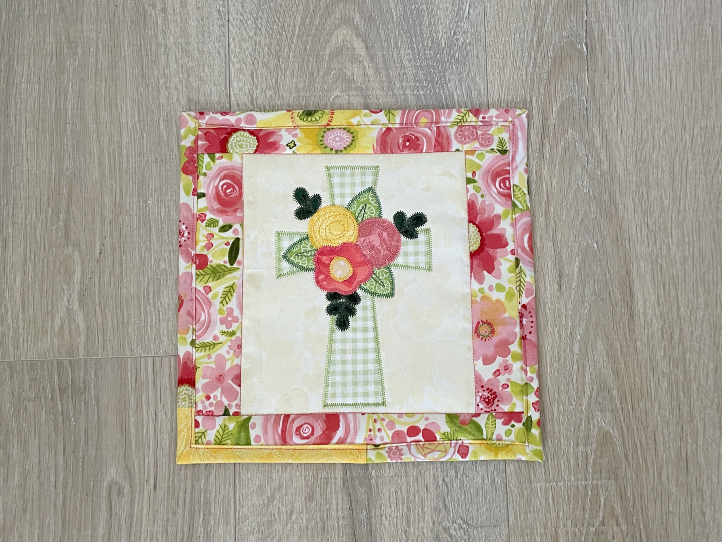 Christian Cross Quilted Small Wall Art, Faith-Based Spring Mini Quilt