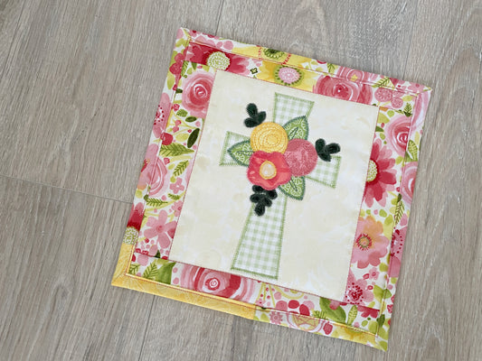 Christian Cross Quilted Small Wall Art, Faith-Based Spring Mini Quilt