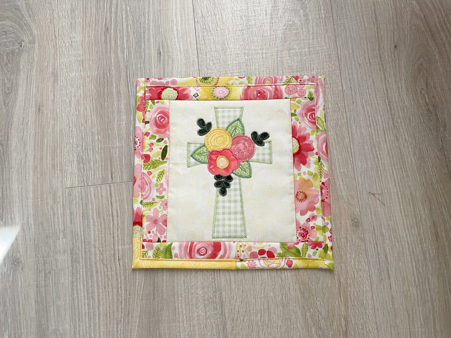 Christian Cross Quilted Small Wall Art, Faith-Based Spring Mini Quilt