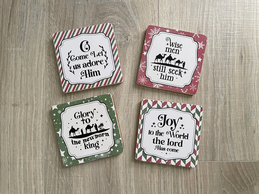 Christmas Wooden Coasters - Set of 4, Red and Green Faith-Based Holiday Decor, Christian Hostess Gift