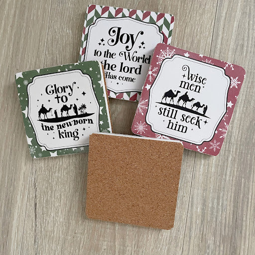 Christmas Wooden Coasters - Set of 4, Red and Green Faith-Based Holiday Decor, Christian Hostess Gift