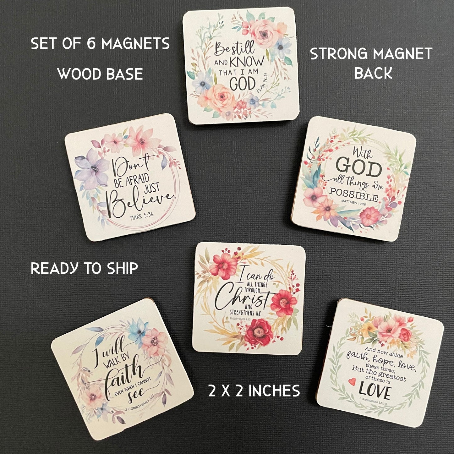 Floral Christian Magnets, Set of 6, Faith Christian Gifts