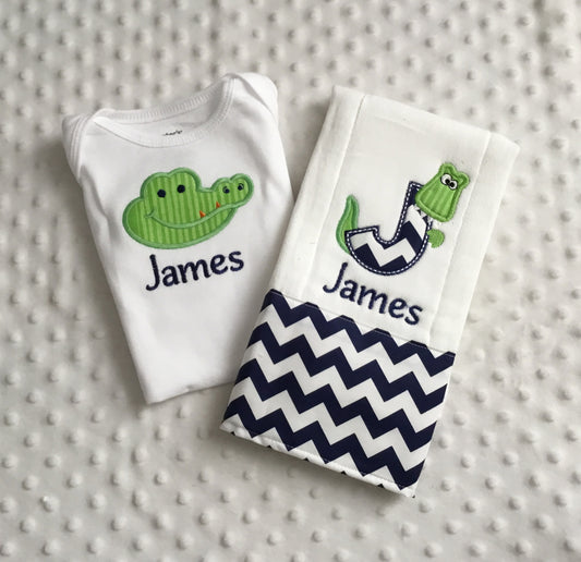 Custom Alligator Theme Baby Boy Gift Set - Personalized Bodysuit and Burp Cloth