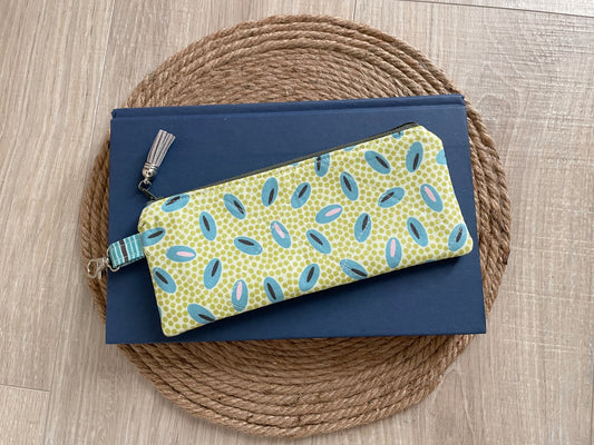 Green and Blue Retro Dots Eyewear Case – Handmade Zipper Pouch with Leather Tassel