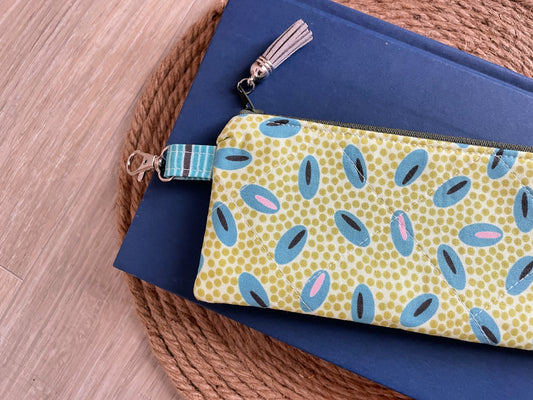 Green and Blue Retro Dots Eyewear Case – Handmade Zipper Pouch with Leather Tassel