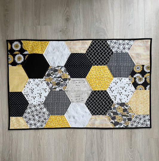 Handmade Modern Quilted Table Runner in Black, Yellow, and White Hexagons