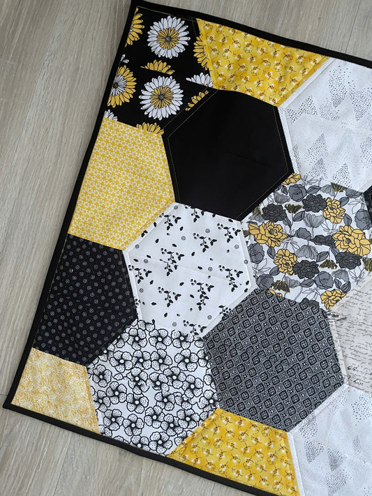 Handmade Modern Quilted Table Runner in Black, Yellow, and White Hexagons