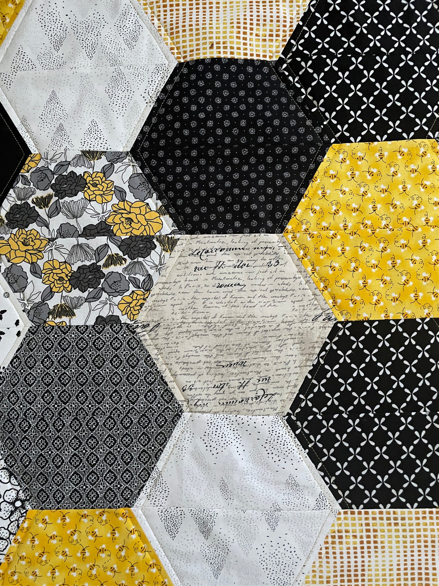 Handmade Modern Quilted Table Runner in Black, Yellow, and White Hexagons