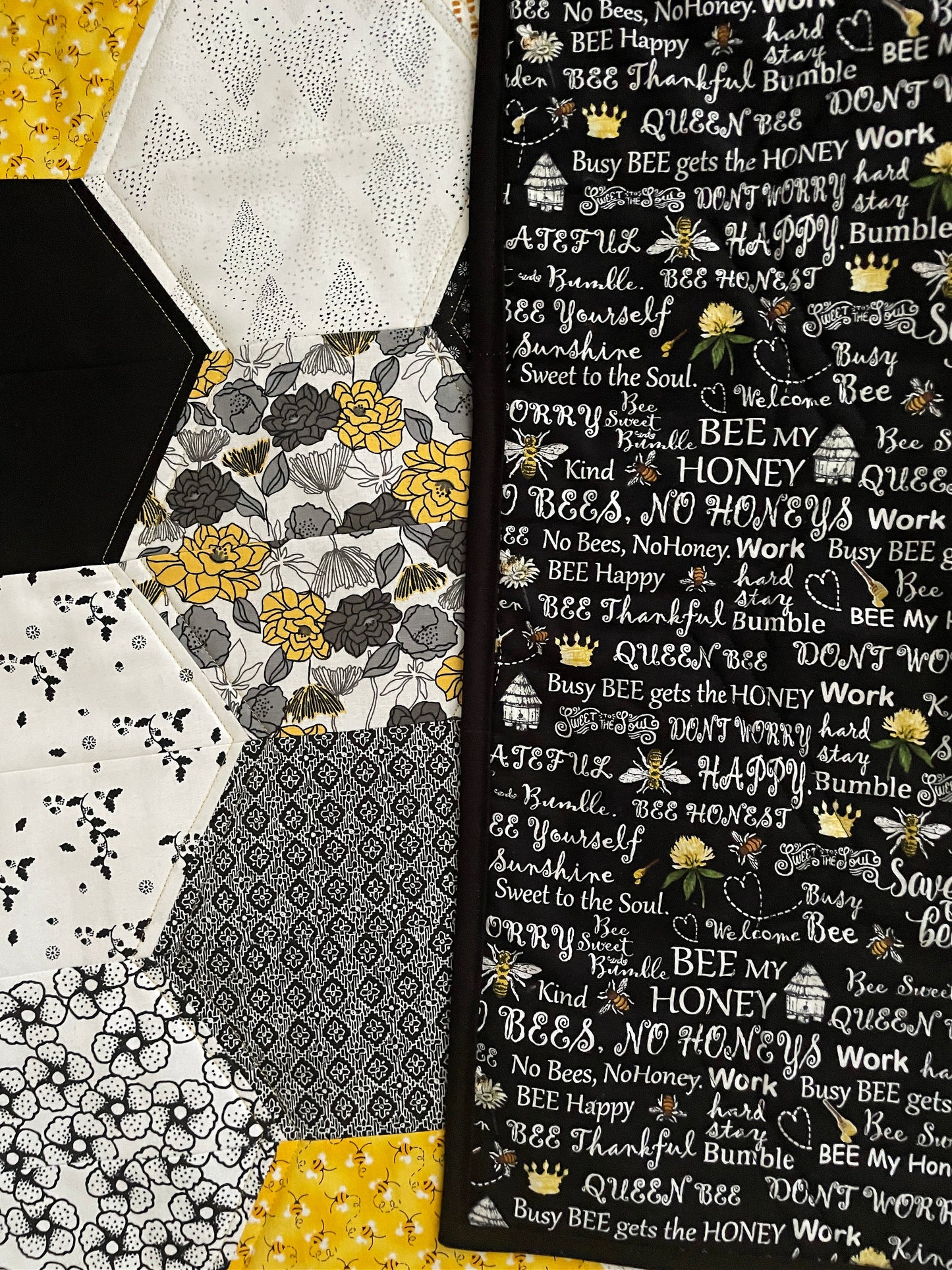 Handmade Modern Quilted Table Runner in Black, Yellow, and White Hexagons