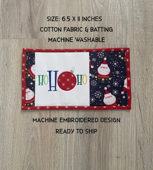 Quilted Christmas Mug Rug – Ho Ho Ho Santa Ornaments