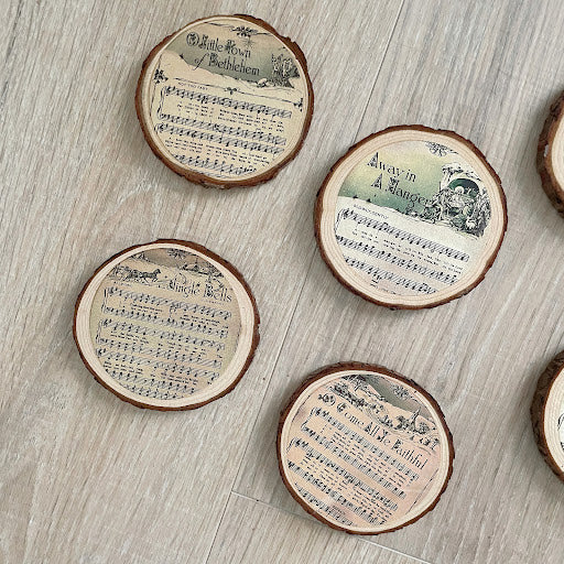 Wood Coasters with Christmas Songs, Set of 6 Rustic Wood Slice Coasters