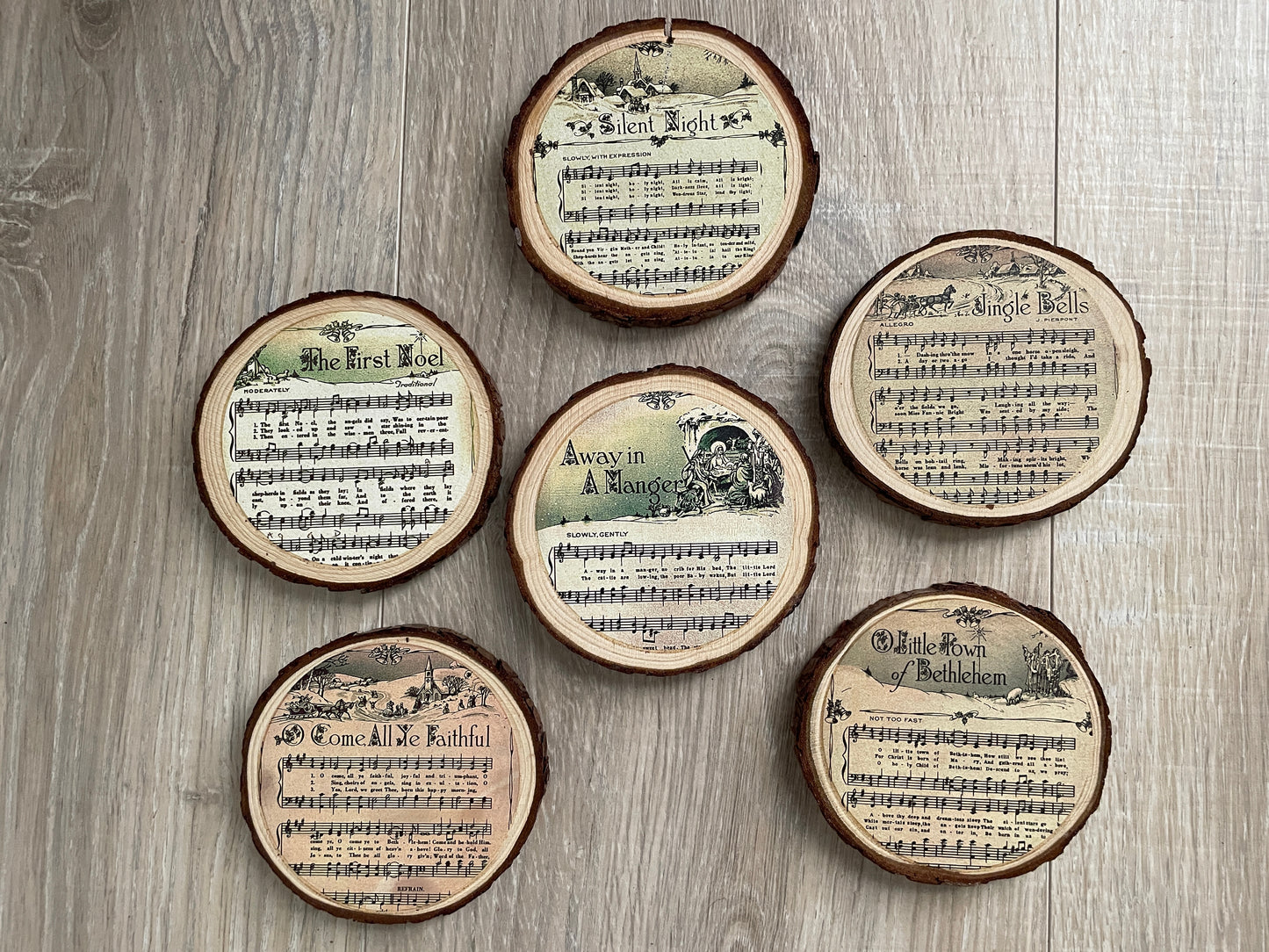 Rustic Wood Slice Christmas Carol Coasters - Farmhouse Holiday Decor, Set of 6